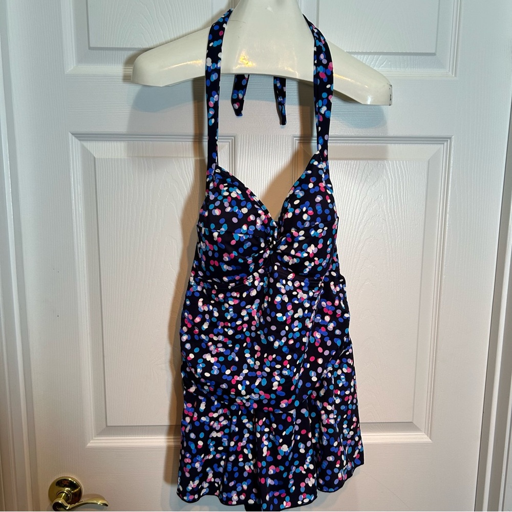 Swimsuits For All Blue and Pink Spotted Swim Dress